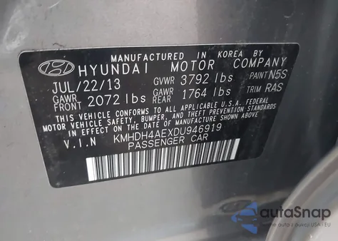 2013 Hyundai Elantra Limited from USA, damaged, VIN KMHDH4AEXDU946919